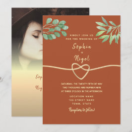 Invitación de boda de terracota con vegetación bot