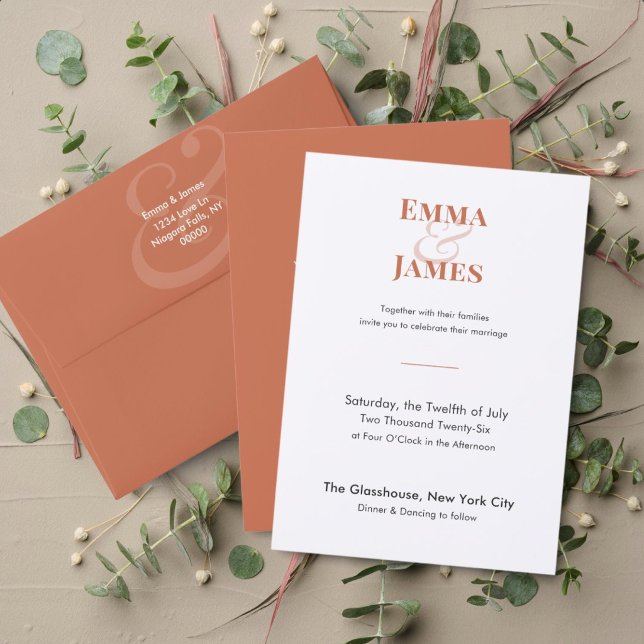 Invitación de boda de terracota de dos tonos | Cód (Terracotta wedding invitation with modern minimalist typography and warm, elegant design.)