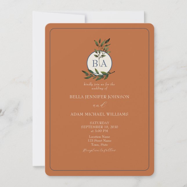 Invitación de boda de terracota rústica con hojas  (Anverso)