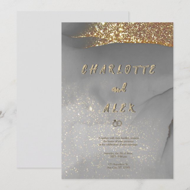 Invitación de boda de tinta chic con brillo dorado (Anverso / Reverso)