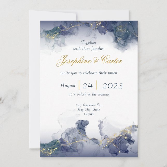 Invitación de boda de tinta de medianoche y oro (Anverso)