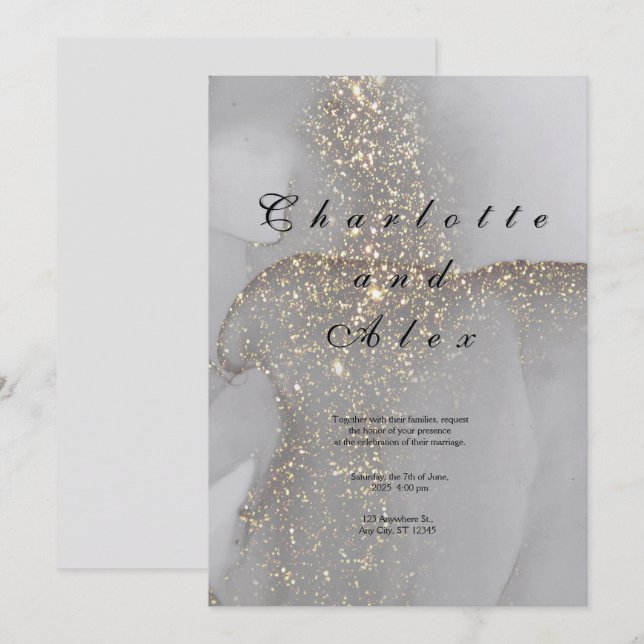Invitación de boda de tinta elegante con brillo gr (Anverso / Reverso)