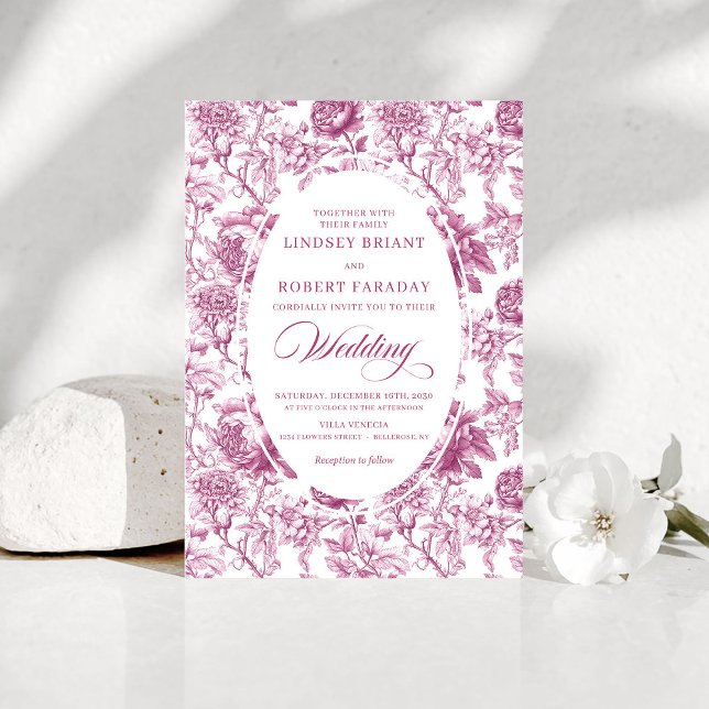 Invitación de boda de toile de rosas rosa romántic (Romantic Blush Pink Toile Roses Wedding Invitation)