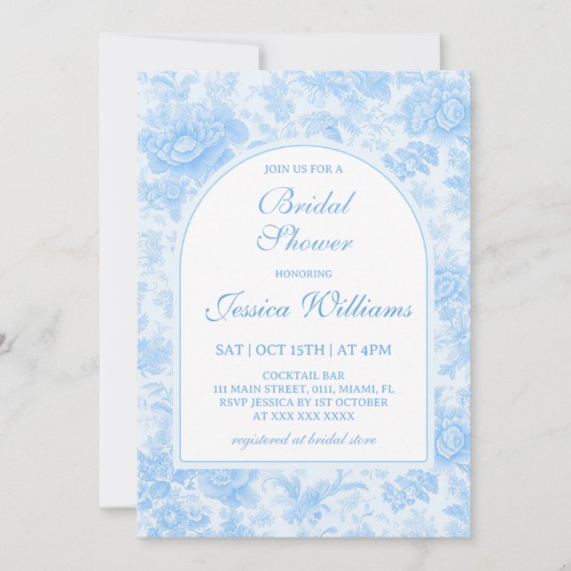 Invitación de boda de toile floral azul (Anverso)