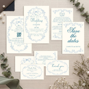 Invitación de boda de toile francés vintage azul p
