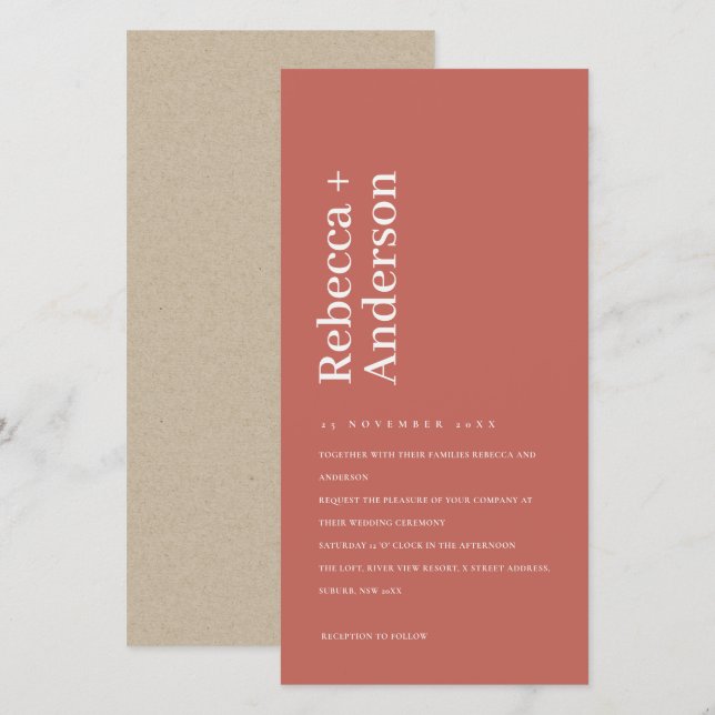 INVITACIÓN DE BODA DE TOMATE TIPOGRAFÍA ROJA MÍNIM (Anverso / Reverso)