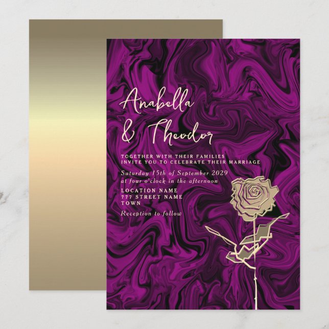 Invitación de boda de tono púrpura dorado (Anverso / Reverso)