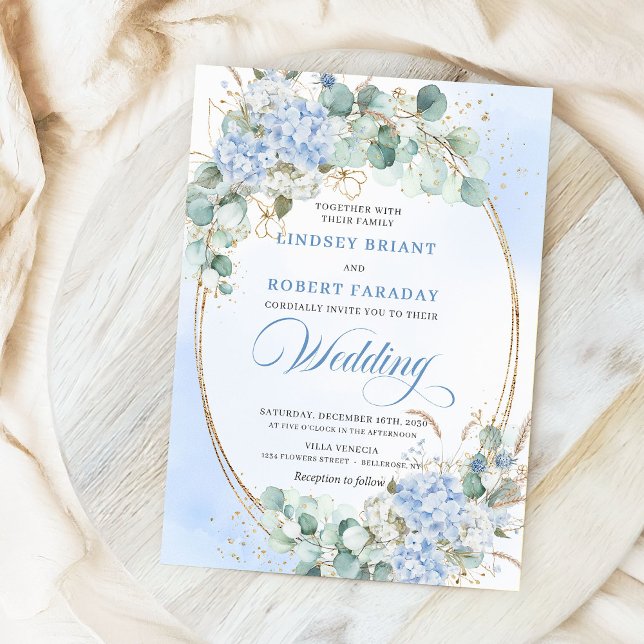 Invitación de boda de trigo de hortensia azul de e (Garden Style Blue Hydrangea Wheat Wedding Invitation)