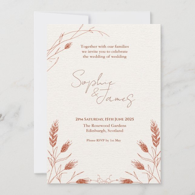 Invitación de boda de trigo y hierba de Pampas Boh (Anverso)