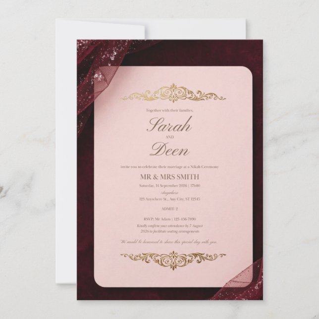Invitación de boda de tul bordada con destellos co (Anverso)