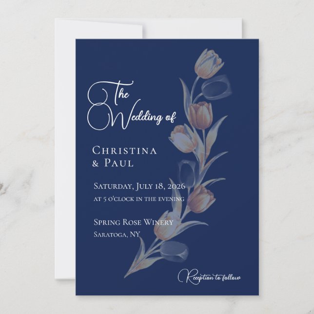 Invitación de boda de tulipán azul elegante (Anverso)
