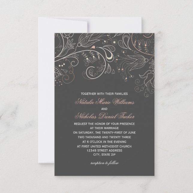 Invitación de boda de tulipán gris con patrón flor (Anverso)