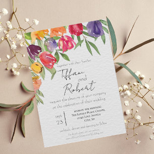 Invitación de boda de tulipanes brillantes y veget