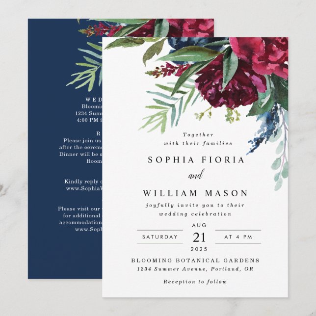 Invitación de boda de una pieza con flores de colo (Anverso / Reverso)