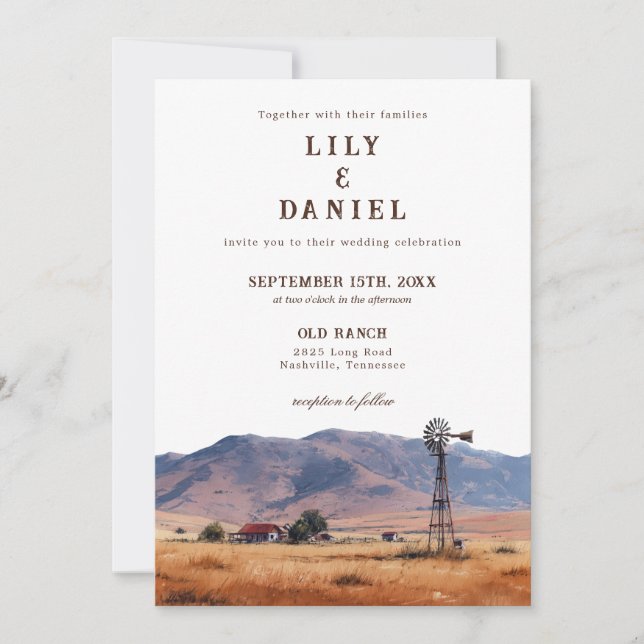 Invitación de boda de vaquero occidental con acuar (Anverso)