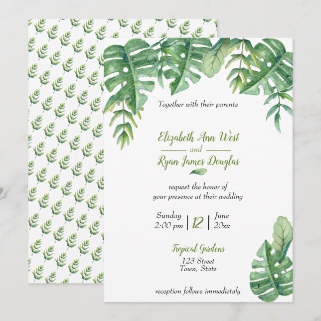 Invitación de boda de vegetación botánica tropical (Anverso / Reverso)