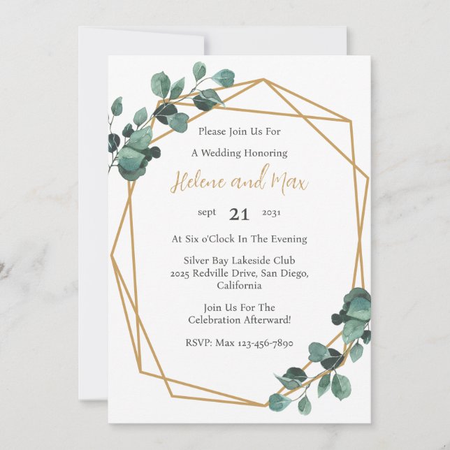 Invitación de boda de vegetación geométrica dorada (Anverso)