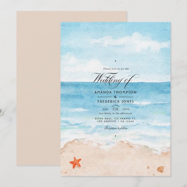 Invitación de boda de verano con acuarela en la pl (Anverso / Reverso)