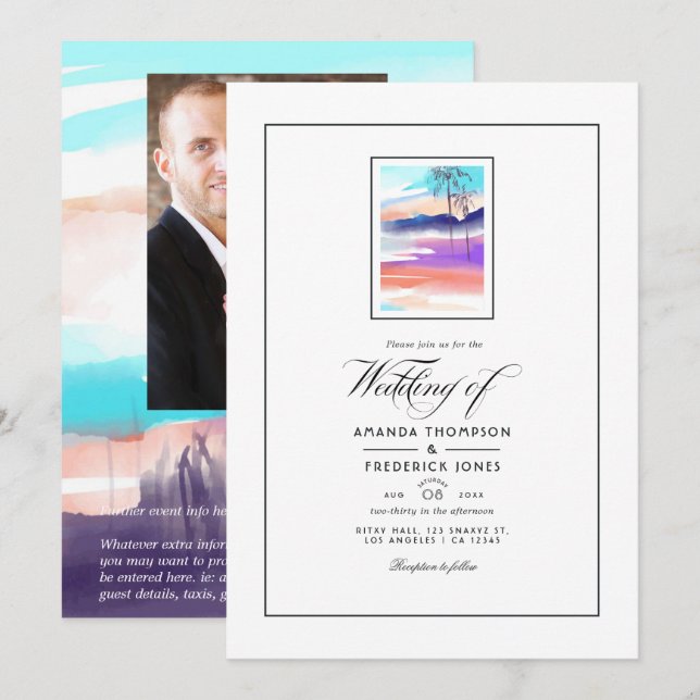 Invitación de boda de verano con acuarela en la pl (Anverso / Reverso)