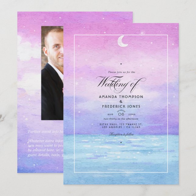Invitación de boda de verano con acuarela en la pl (Anverso / Reverso)