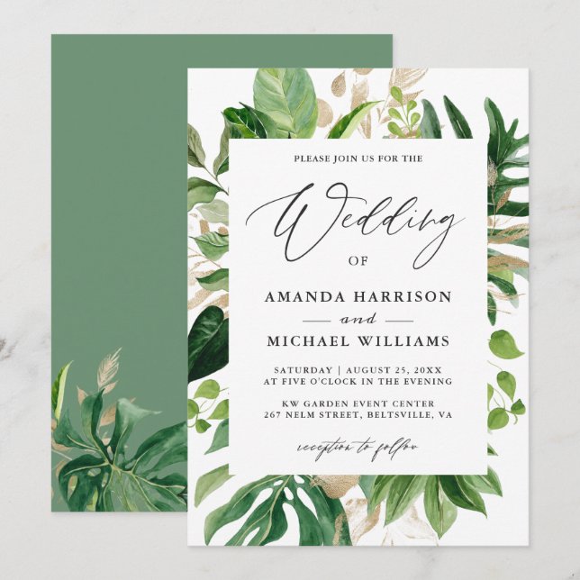 Invitación de boda de verano con hojas de palma tr (Anverso / Reverso)