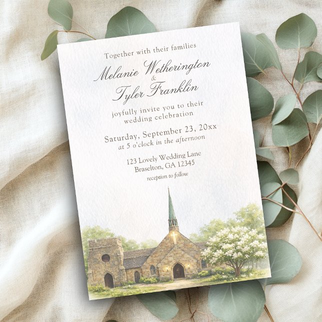 Invitación de boda de verano de capilla de piedra  (Frost chapel summer wedding invite, watercolor stone chapel)