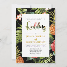 Invitación de boda de verano tropical Black & Gold