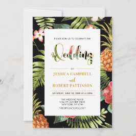 Invitación de boda de verano tropical Black & Gold
