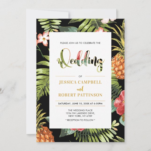 Invitación de boda de verano tropical Black & Gold (Anverso)
