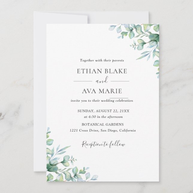 Invitación de boda de verde elegante eucalipto (Anverso)