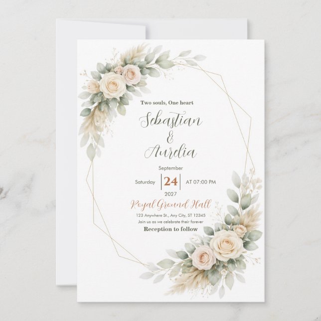 Invitación de boda de verde eucalipto y floral (Anverso)