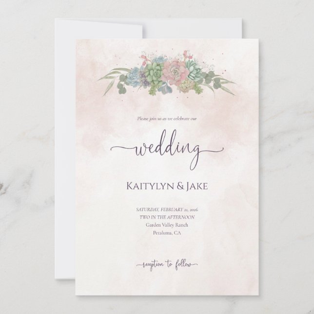 Invitación de boda de verde suculento y rubor (Anverso)