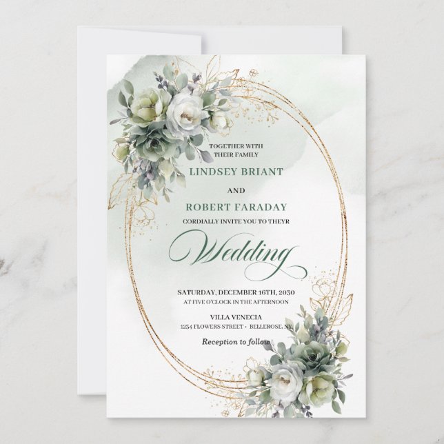 invitación de boda de verde y dorado ancy (Anverso)
