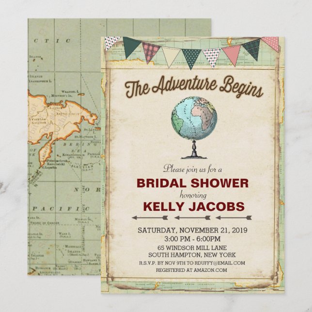Invitación de boda de viaje de globo vintage (Anverso / Reverso)