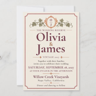 Invitación de boda de viñedo con etiqueta de vino