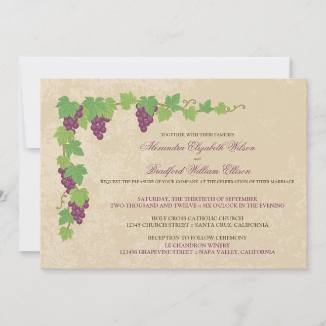 Invitación de boda de viñedo (textura de pergamino (Anverso)