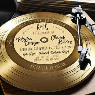 Invitación de boda de vinilo dorado único vintage