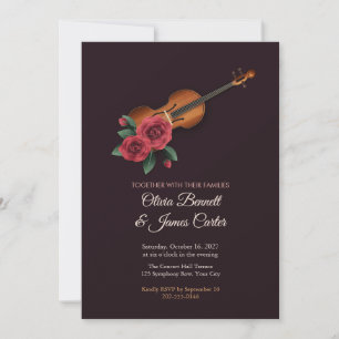 Invitación de boda de violín pintado y rosas rojas