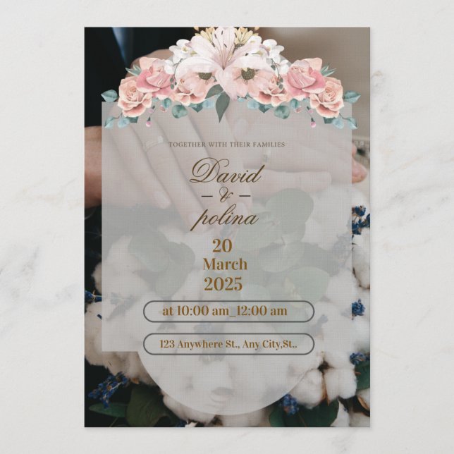 Invitación de boda decorada con flores blancas y r (Anverso)