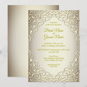 Invitación de boda decorativa beige elegante dorad