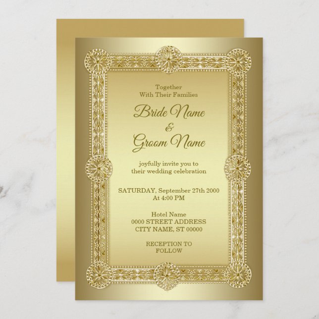 Invitación de Boda Decorativa Dorada (Anverso / Reverso)