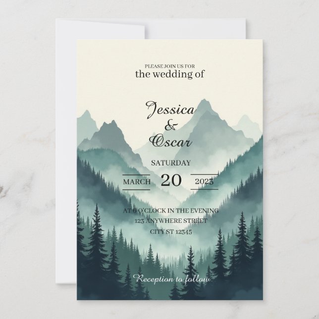 Invitación de boda del bosque de la montaña temper (Anverso)