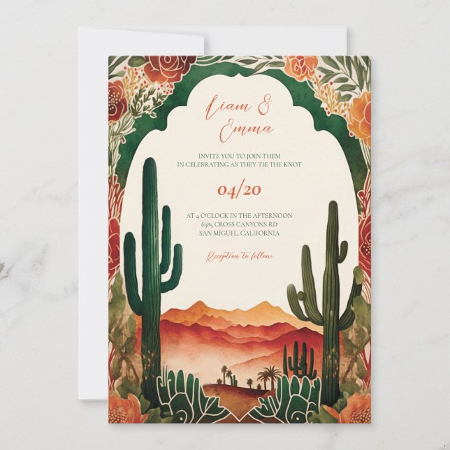 Invitación de boda del desierto de cactus mexicano (Anverso)