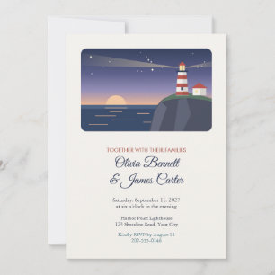 Invitación de boda del faro costero al atardecer