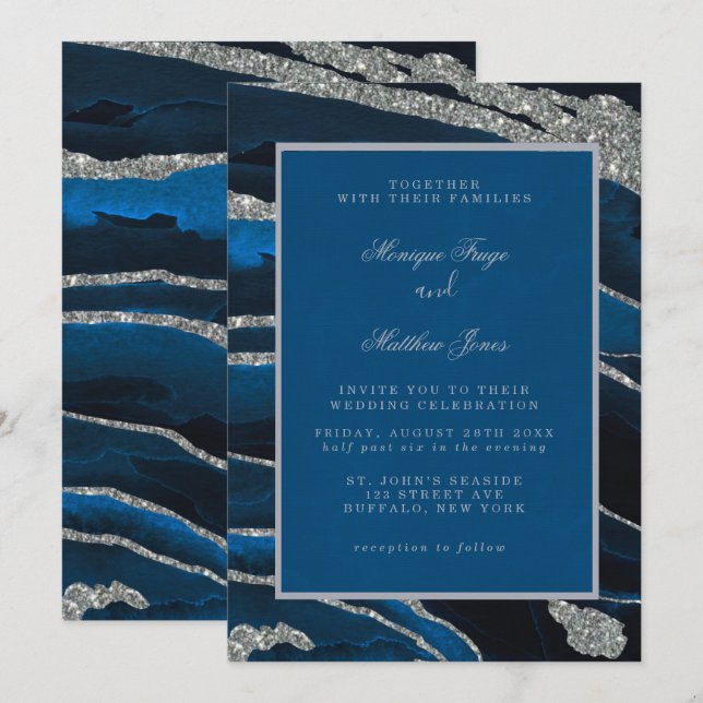 Invitación de Boda del Purpurina Agate de Navy Blu (Anverso / Reverso)