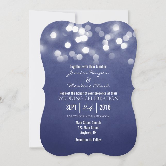 Invitación de boda del Purpurina Navy Blue Bokeh (Anverso)