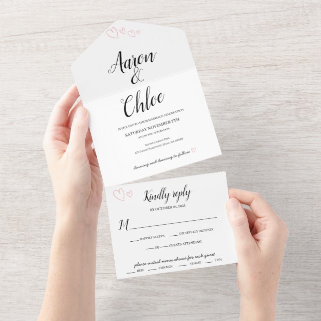 Invitación de boda delicada caligrafía todo en uno (desgarro)