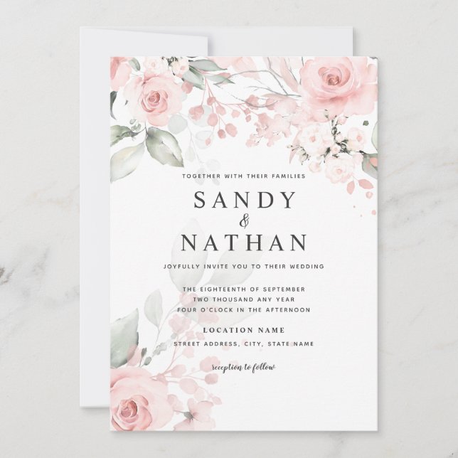 Invitación de boda delicada y suave rosa rosa (Anverso)
