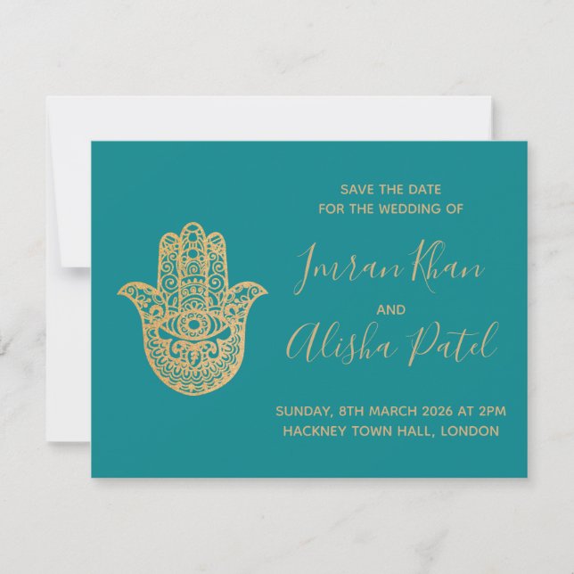 Invitación de boda Desi azul azul turquesa oro Hen (Anverso)