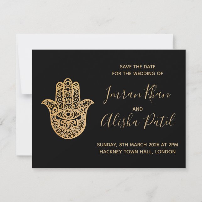 Invitación de boda Desi negra con henna dorada ham (Anverso)